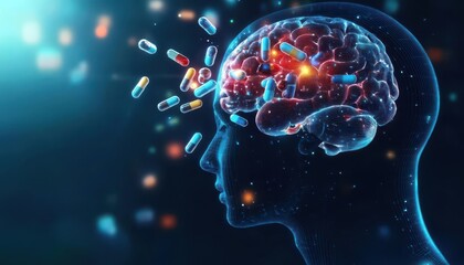 A futuristic illustration of a human head with floating pills and medicine capsules entering the brain, representing mental health treatment