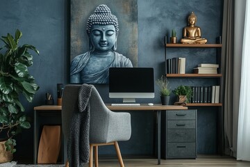 Stylish scandinavian interior of living room with design wooden table, chairs, grey sofa, decoration, personal accessories and beautiful dog in elegant home, Generative AI