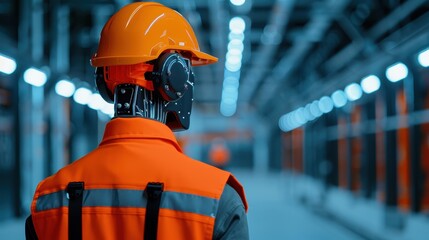 A robot in an orange safety vest and hard hat stands in a futuristic factory. The scene reflects industrial automation and technological advancement.