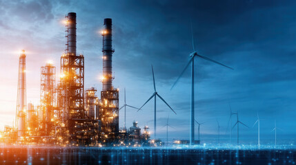 Obraz premium Industrial biofuel processing plant with wind turbines, showcasing renewable energy integration and modern technology. scene reflects innovation and sustainability in energy production