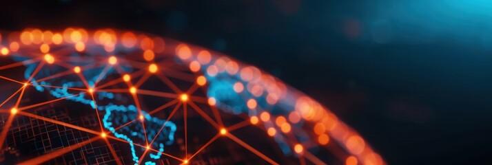 Abstract digital globe connected by glowing lines, representing global communication and technology innovation with a futuristic feel.