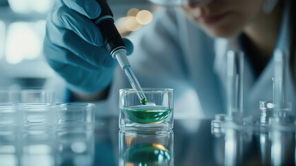 Fototapeta premium Laboratory scientist conducting biofuel research with green liquid in glass container, showcasing precision and innovation in scientific experimentation