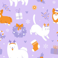Christmas pattern with cute pets. Seamless vector cartoon xmas print with adorable pets.