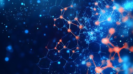 Abstract Blue and Orange Molecular Structure on Dark Blue Background