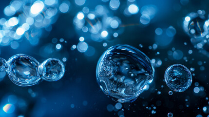 bubbles in water, water drops on black background, water drops on blue background, bubbles in water, A magnified view of water, the microscopic structure seen through a microscope