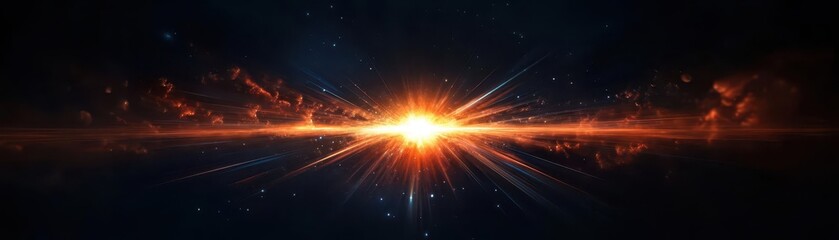 Fototapeta premium A glowing, high-energy light burst with intense rays and colorful flares, radiating from the center of a dark canvas