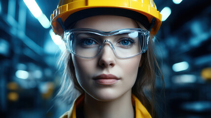 focused woman wearing yellow hard hat and safety glasses stands confidently in industrial setting, showcasing her commitment to safety and professionalism