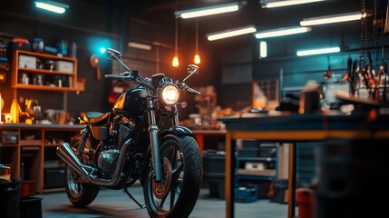 A vintage motorcycle parked in a well-lit workshop with tools and shelves filled with supplies during early evening hours