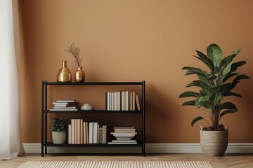 Minimalist composition of cozy bedroom with copy space, wooden desk,  boho armchair, beige pillows, black lamp, clock, book and personal accessories. Home decor, Generative AI