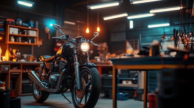 A vintage motorcycle parked in a well-lit workshop with tools and shelves filled with supplies during early evening hours