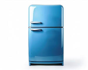 A retro-style blue refrigerator placed against a minimalist white background. Perfect for adding a...