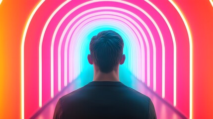 Individual contemplating in a vibrant neon-lit tunnel