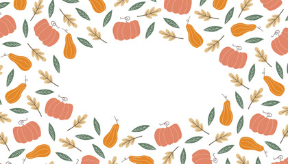 Obraz premium pumpkin. autumn pumpkin. a frame made of pumpkin and leaves. autumn harvest. beautiful frame. a template for creating postcards. vector. doodle drawing. on a white background.