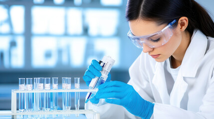Fototapeta premium Laboratory technician analyzing fuel components with precision and care, wearing protective gear and focused on her work
