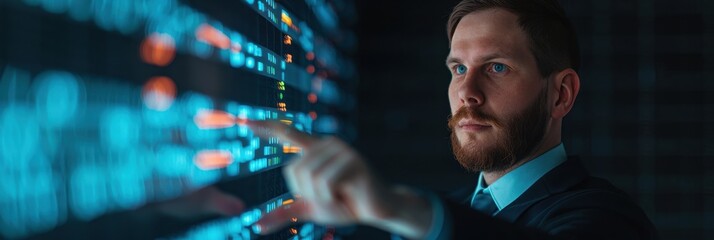 Businessman analyzing interactive data on screen, showcasing technology and innovation in a modern workspace.