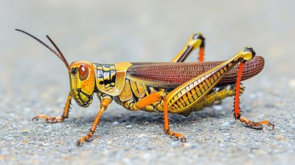 A close-up of a bright yellow and orange grasshopper with black markings on its body and red legs. The grasshopper is standing on a grey surface with its head turned to the left.