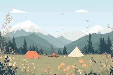 Illustration of tourist vacation. Tents, campfire in a green clearing, behind you can see mountains and sky. Quiet morning in a tourist camp, relaxing in nature.