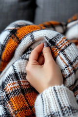 Cozy blanket in warm colors, hands holding it