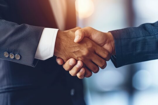 Close-up image of a business handshake between two professionals, symbolizing agreement, partnership, and cooperation in a corporate setting.