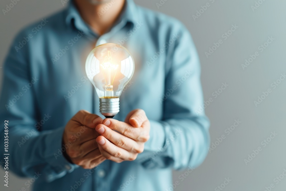 Wall mural close-up of a person holding a glowing light bulb in hands, symbolizing innovation, creativity, and 