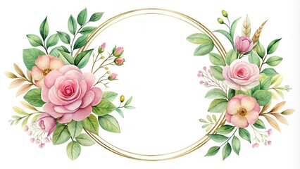 Elegant Round Frame of Pink and Golden Watercolor Flowers with Green Leaves for Wedding Decor, Floral Background, Romantic Invitations, Bridal Aesthetics, Wedding Stationery