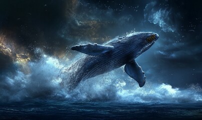 Fototapeta premium Whale leaps from dark ocean waves.