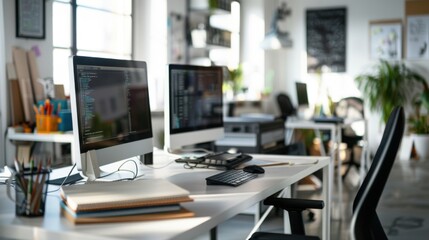 Spacious office desk in a bright environment with three monitors and clutter shot with a wide-angle lens