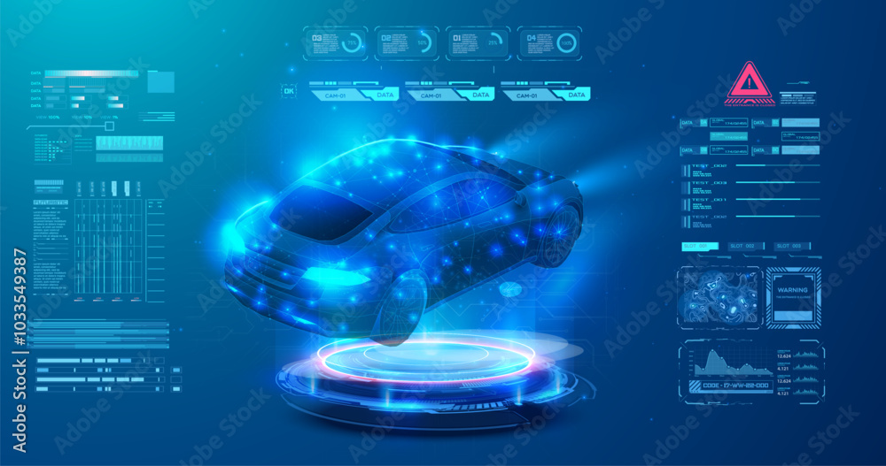 Leinwandbilder futuristic digital interface featuring a holographic car with various data points, graphs, and techn
