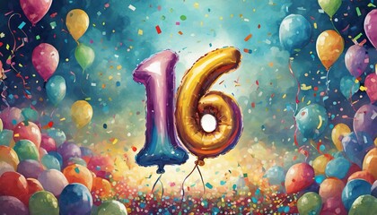 Balloon number 16, illustration for birthday or anniversary celebration, digital painting