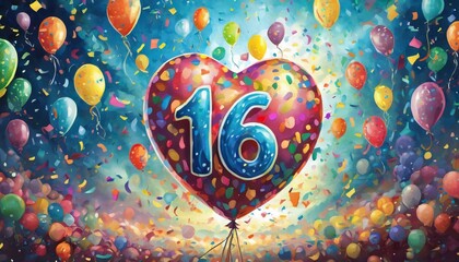 Balloon number 16, illustration for birthday or anniversary celebration, digital painting