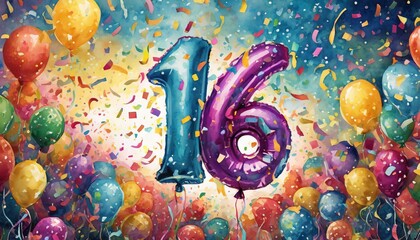 Balloon number 16, illustration for birthday or anniversary celebration, digital painting