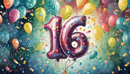 Balloon number 16, illustration for birthday or anniversary celebration, digital painting