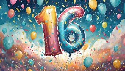 Balloon number 16, illustration for birthday or anniversary celebration, digital painting