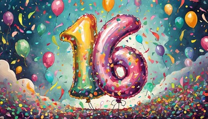 Balloon number 16, illustration for birthday or anniversary celebration, digital painting