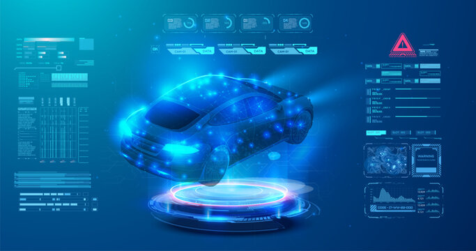 Futuristic digital interface featuring a holographic car with various data points, graphs, and technological HUD elements. The car is shown in glowing blue, symbolizing advanced automotive technology