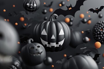 A spooky Halloween scene with black pumpkins, bats, and floating decorations, creating a dark, eerie atmosphere perfect for the Halloween season.
