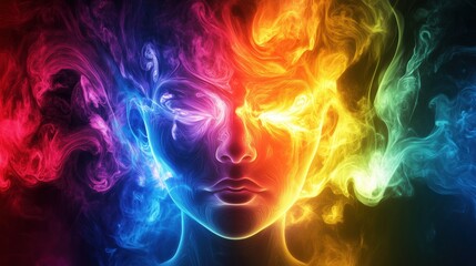 Colorful abstract portrait with swirling smoke effects, vibrant hues, ethereal face