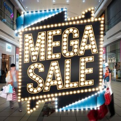 Illuminated "Mega Sale" Sign in a Shopping Mall