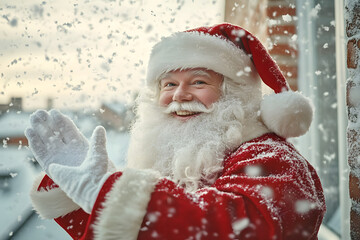 A cheerful Santa Claus waves happily as snow falls around him, embodying the joyful spirit of Christmas and spreading holiday cheer.