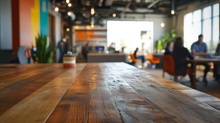 Wooden tabletop. Rustic wooden tabletop with blurred background of an office space, perfect for showcasing products or displaying text.
