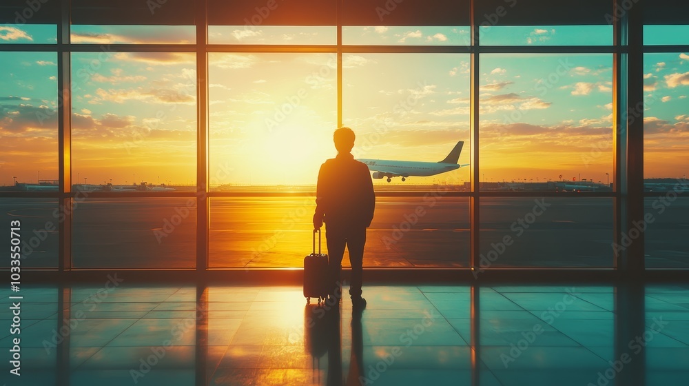 Poster businessman is standing in an airport terminal, looking out the window at an airplane landing on the