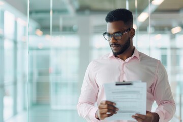 Obraz premium Confident businessman holding documents in a modern office setting, exemplifying professionalism and focus in a corporate environment.