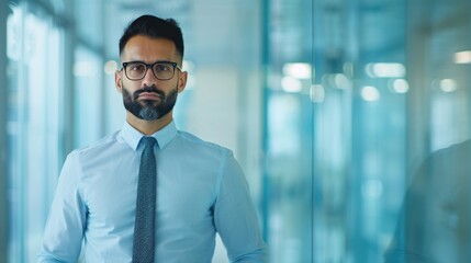 Confident businessman in a modern office hallway, wearing glasses and a formal shirt. Professional environment with glass walls.