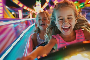 Two young girls ride a neon-lit roller coaster at night, their faces filled with joy and excitement as they experience the thrill of the ride amidst vibrant, colorful lights.