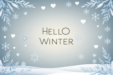 Hello WINTER. Winter wonderland background design with snowflakes. AI generated