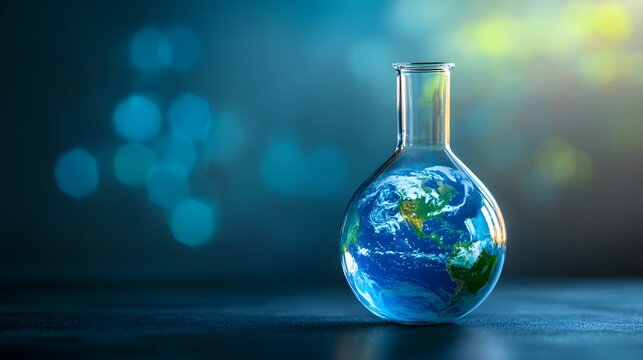 Earth Inside a Glass Beaker on a Blue Background