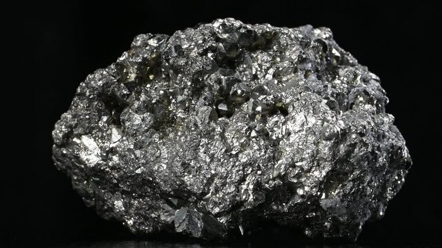 Iron Pyrite crystals (Iron sulfide - "Fools Gold")  rotating slowly against a black background 