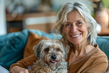 An elderly woman smiling warmly as she holds her small, fluffy dog in her lap. Both exude warmth and happiness, showcasing a strong emotional bond in a cozy home environment.