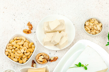 Homemade vegan cashew cheese. Raw healthy sauce in a bowl, lactose free food. Bio organic product