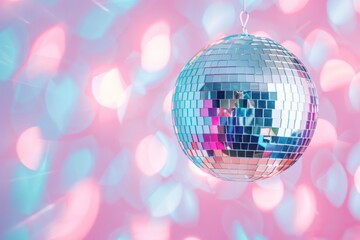 Obraz premium A sparkling disco ball reflecting pink and blue neon lights, hanging in front of a vibrant, colorful backdrop. 